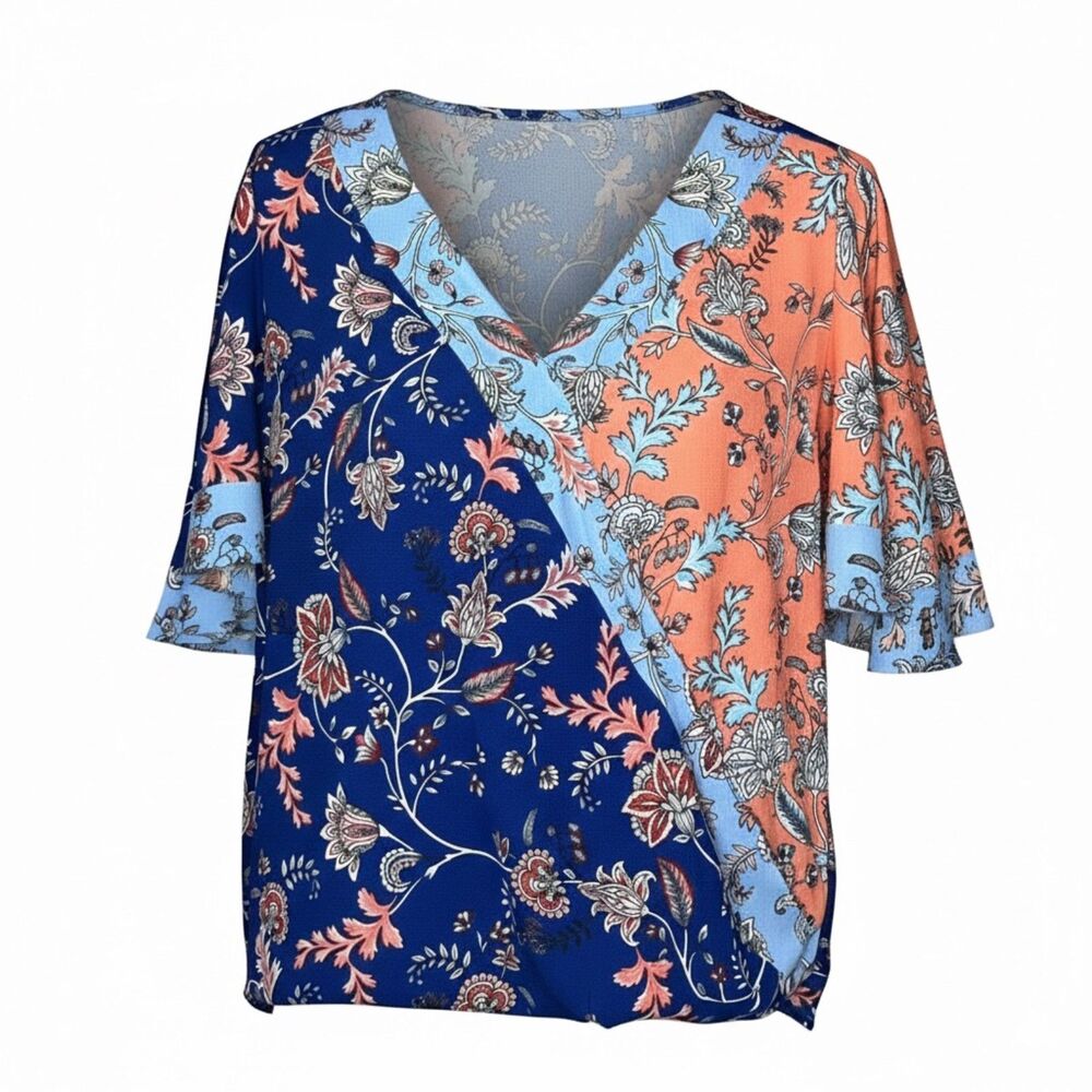Umgee floral tulip bell sleeve mixed pattern casual western festival blouse.